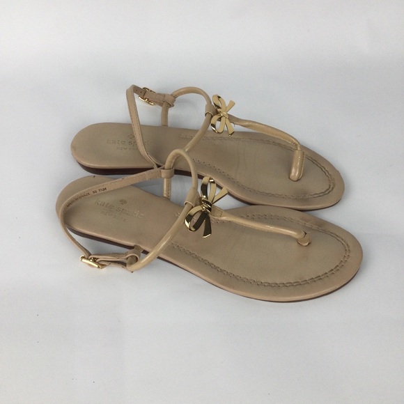 Kate Spade Tracie‎ Tan Sandals Thongs with Gold Bows - Picture 1 of 6